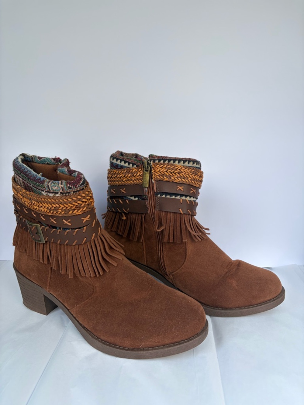 Brown Suede Fringe Ankle Boots with Patterned Cuff - Picture 3 of 7